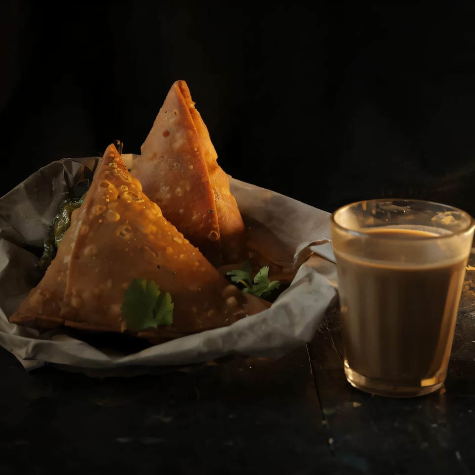 Golden-brown samosas with cilantro and green chilies, served with a glass of chai.